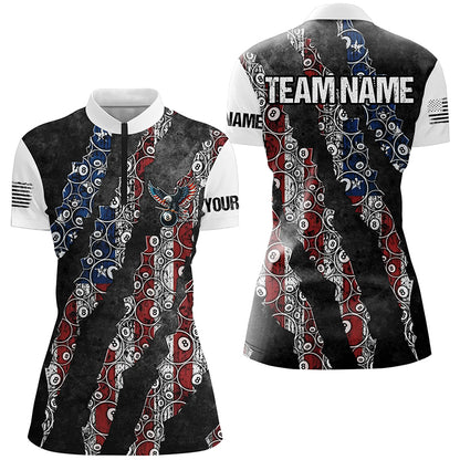 Grunge American Flag 8 Ball Pattern Custom Billiard Shirts For Women, Patriotic Billiard Jerseys TDM2399