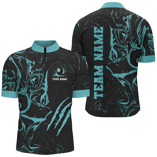 Personalized Black And Turquoise Grunge Billiard Polo, 1/4 Zip Shirts For Men, Billiard Jerseys TDM2400