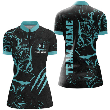 Personalized Black And Turquoise Grunge Billiard Polo, 1/4 Zip Shirts For Women, Billiard Jerseys TDM2400