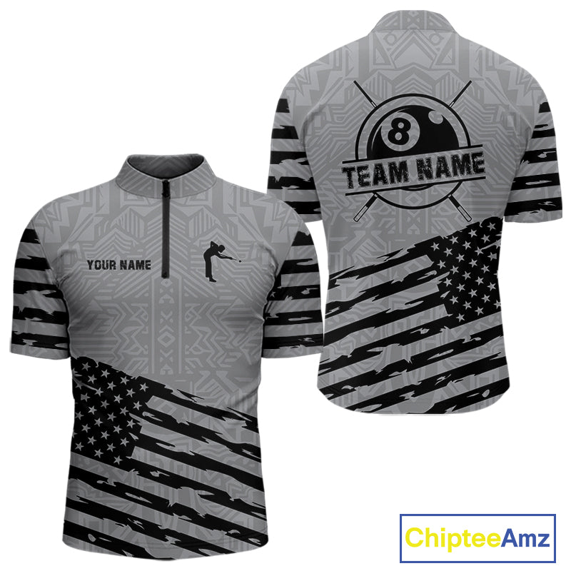Personalized Grey US Flag 8 Ball Billiard Shirt For Men Custom Billiard Team Shirt, Pool Jerseys TDM4903