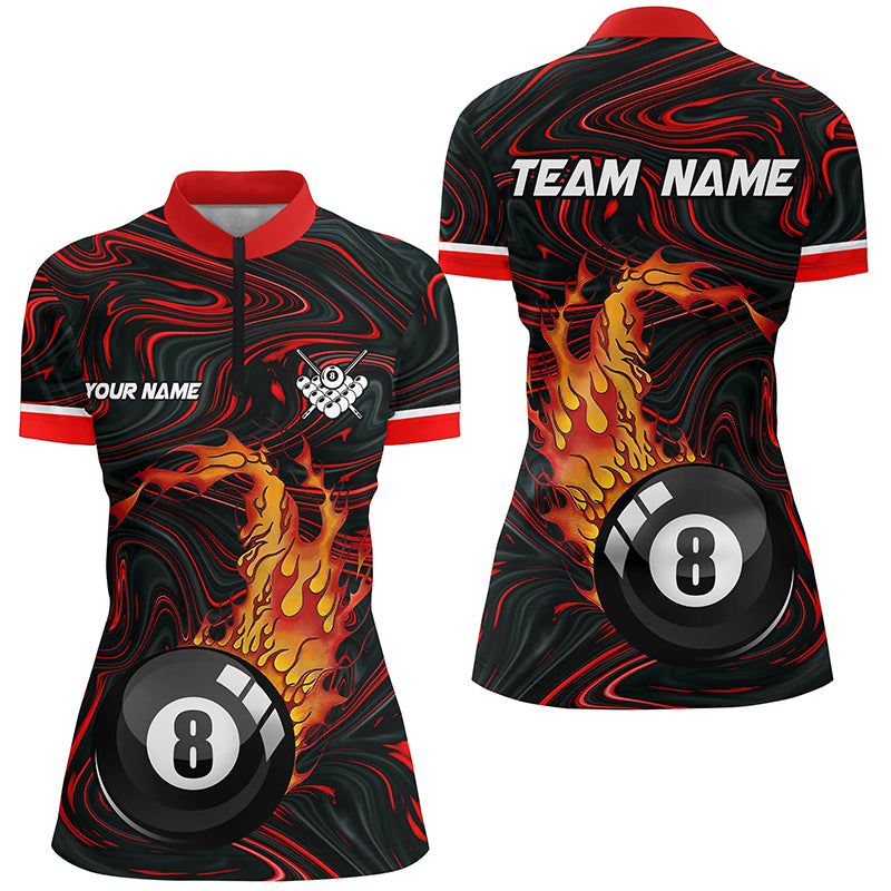 Personalized 8 Ball Pool Fire 3D Women Quarter-Zip Shirts Custom Name Unique Billiard Shirts TDM0461
