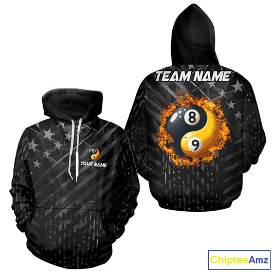 Black US Flag Ying And Yang 8 Ball & 9 Ball Custom Billiard Hoodie For Pool Player, Billiard Jersey TDM3357