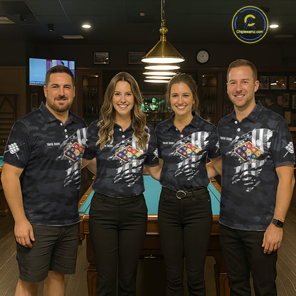 Personalized Camouflage US Flag Billiard Shirt For Women, 9 Ball Pool Team Jersey Polo & 1/4 Zip TDM5992