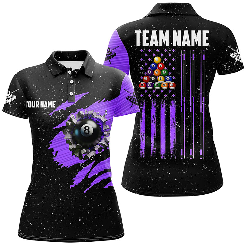 Customized Grunge American Flag 8 Ball Pool Women Billiard Polo Shirts, Pool Player Shirts |Purple TDM1343