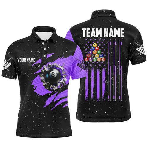 Customized Grunge American Flag 8 Ball Pool Men Billiard Polo Shirts, Pool Player Shirts |Purple TDM1343