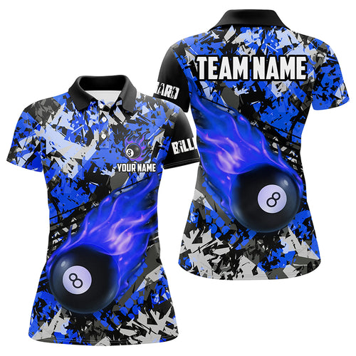 Personalized Blue Billiard Ball 8 Fire Flame Women Polo Shirt Custom 8 Ball Pool Billiard Team Jersey TDM1348