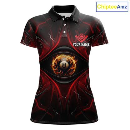 Women’s black and red flame 8 ball eyes pool polo shirt with bold billiard team graphics.