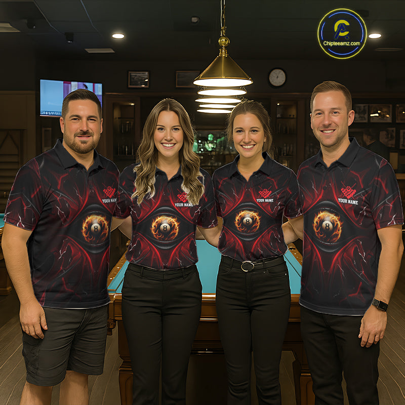Back view of pool players wearing custom flame billiard shirts in a game room.