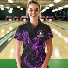 Load image into Gallery viewer, Woman wearing black and purple phoenix wings bowling polo shirt front view.