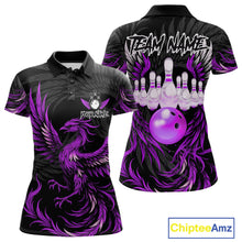 Load image into Gallery viewer, Black and purple phoenix wings bowling polo shirt for women, custom bowling team jersey.