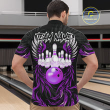 Load image into Gallery viewer, Man wearing black and purple phoenix wings bowling quarter zip shirt back view.
