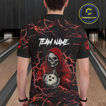 Load image into Gallery viewer, Man wearing black and red grim reaper lightning bowling polo shirt back view.