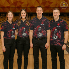 Load image into Gallery viewer, Bowling team wearing matching black and red grim reaper lightning jerseys front view.