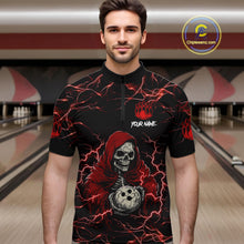 Load image into Gallery viewer, Man wearing black and red grim reaper lightning bowling quarter zip shirt front view.