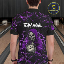 Load image into Gallery viewer, Man wearing purple grim reaper lightning bowling polo shirt back view.