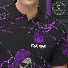 Load image into Gallery viewer, Close up of purple grim reaper lightning bowling polo shirt collar, buttons and chest design.