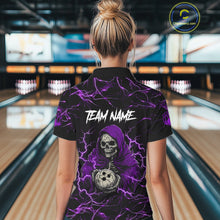 Load image into Gallery viewer, Woman wearing purple grim reaper lightning bowling polo shirt back view.