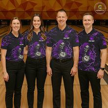 Load image into Gallery viewer, Bowling team wearing matching purple grim reaper lightning jerseys back view.
