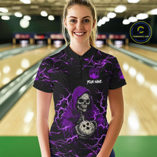Load image into Gallery viewer, Woman wearing purple grim reaper lightning bowling quarter zip shirt front view.