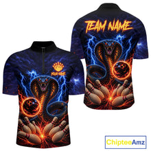 Load image into Gallery viewer, Blue lightning cobra bowling quarter zip shirt for men, custom bowling league jersey.
