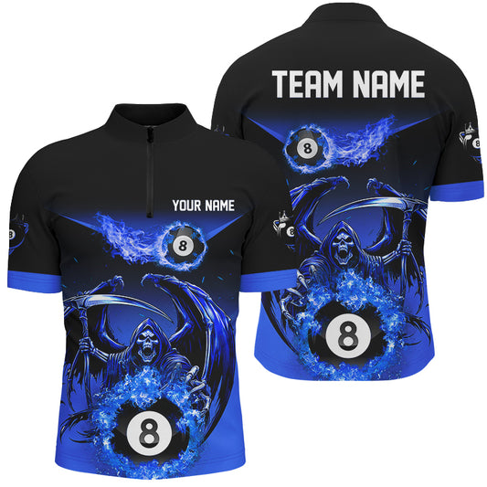 Blue Grim Reaper Flame 8 Ball Pool Billiard Shirts For Men Custom Billiard League Team Jerseys TDM2646