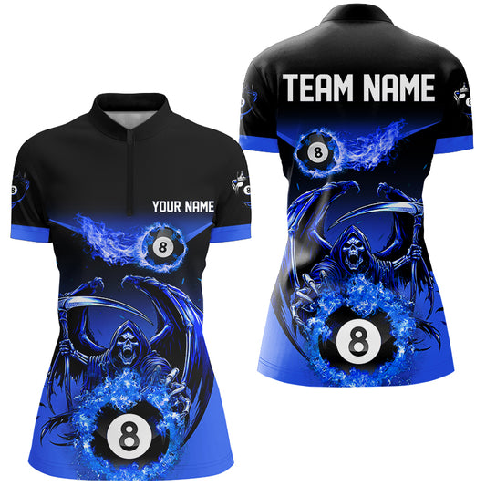 Blue Grim Reaper Flame 8 Ball Pool Billiard Shirts For Women Custom Billiard League Team Jerseys TDM2646