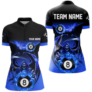 Blue Death Skeleton Flame 8 Ball Pool Billiard Shirts For Women Custom Billiard League Team Jerseys TDM2646