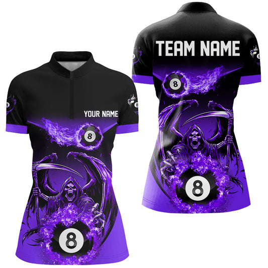Purple Grim Reaper Flame 8 Ball Pool Billiard Shirts For Women Custom Billiard League Team Jerseys TDM2647