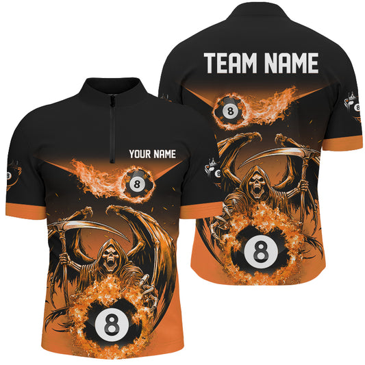 Orange Grim Reaper Flame 8 Ball Pool Billiard Shirts For Men Custom Billiard League Team Jerseys TDM2648