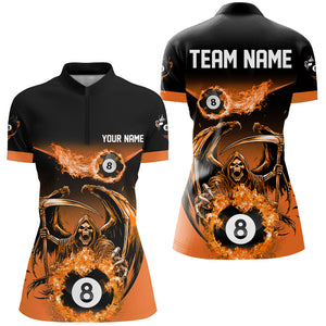 Orange Death Skeleton Flame 8 Ball Pool Billiard Shirts For Women Custom Billiard League Team Jerseys TDM2648