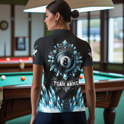 Customized Blue Icy Funny 8 Ball Pool Crown Women Quarter-Zip Shirts Custom Billiard Jerseys TDM1169