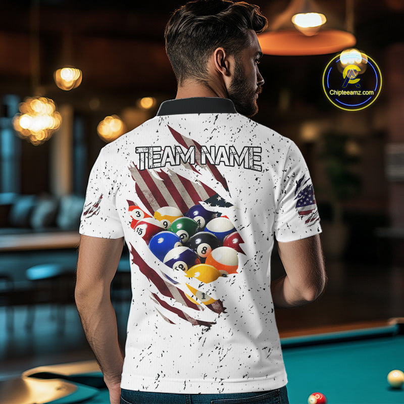 Patriotic American Flag Grunge Billiard Jersey For Men Custom Billiard Shirt Polo & 1/4 Zip |White TDM3819