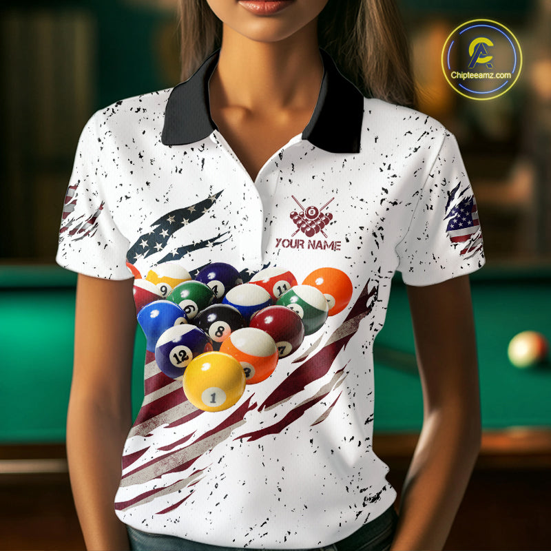 Patriotic American Flag Grunge Billiard Jersey For Women Custom Billiard Shirt Polo & 1/4 Zip |White TDM3819
