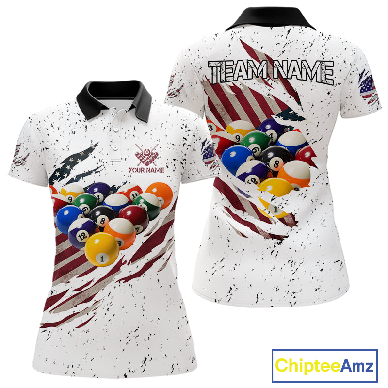 Patriotic American Flag Grunge Billiard Jersey For Women Custom Billiard Shirt Polo & 1/4 Zip |White TDM3819