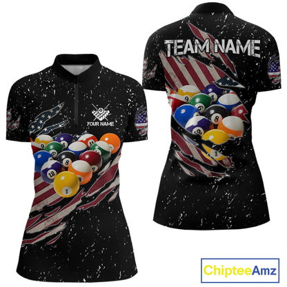 Patriotic American Flag Grunge Billiard Jersey For Women Custom Billiard Shirt Polo & 1/4 Zip |Black TDM3820