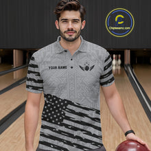 Load image into Gallery viewer, Man wearing a grey American flag bowling polo shirt during league play front view.