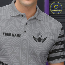 Load image into Gallery viewer, Close-up of a grey American flag bowling polo collar and chest artwork with custom bowling graphics.