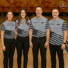 Load image into Gallery viewer, Bowling team wearing matching grey American flag bowling jerseys during team matches front view.