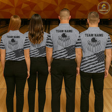 Load image into Gallery viewer, Back view of bowling team wearing matching custom bowling jerseys in a bowling alley.