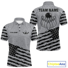 Load image into Gallery viewer, Grey American flag bowling polo shirt for men with custom team graphics for league and tournament play.