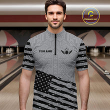 Load image into Gallery viewer, Man wearing a grey American flag bowling quarter zip jersey during tournament play front view.