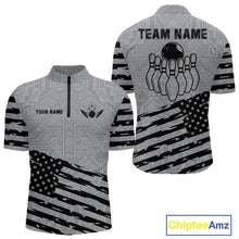 Load image into Gallery viewer, Grey American flag bowling quarter zip shirt for men with personalized bowling team style.