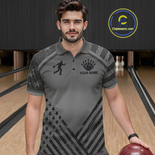 Load image into Gallery viewer, Man wearing a grey American flag bowling polo shirt at a bowling alley front view.