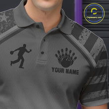 Load image into Gallery viewer, Close-up of a grey American flag bowling polo shirt collar and chest design with custom team graphics.