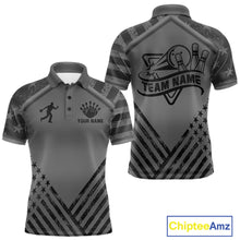 Load image into Gallery viewer, Grey American flag bowling polo shirt for men with personalized team graphics and league-ready style.