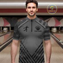 Load image into Gallery viewer, Man wearing a grey American flag bowling quarter zip jersey during league play front view.