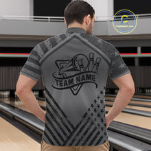 Load image into Gallery viewer, Back view of man wearing a grey American flag bowling quarter zip shirt in a bowling alley.