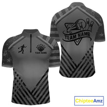 Load image into Gallery viewer, Grey American flag bowling quarter zip shirt for men designed for tournaments and bowling team matches.