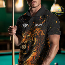 Load image into Gallery viewer, Man wearing personalized grunge tiger 8 ball pool billiard polo shirt front view.