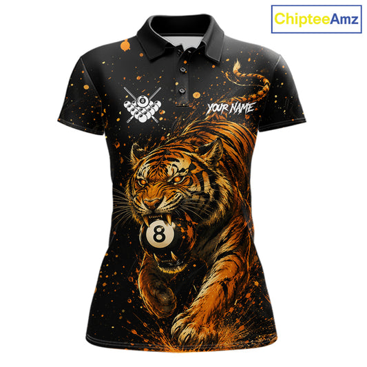 Personalized grunge tiger 8 ball pool billiard team jersey polo shirt for women, custom pool league apparel and billiard tournament jersey.